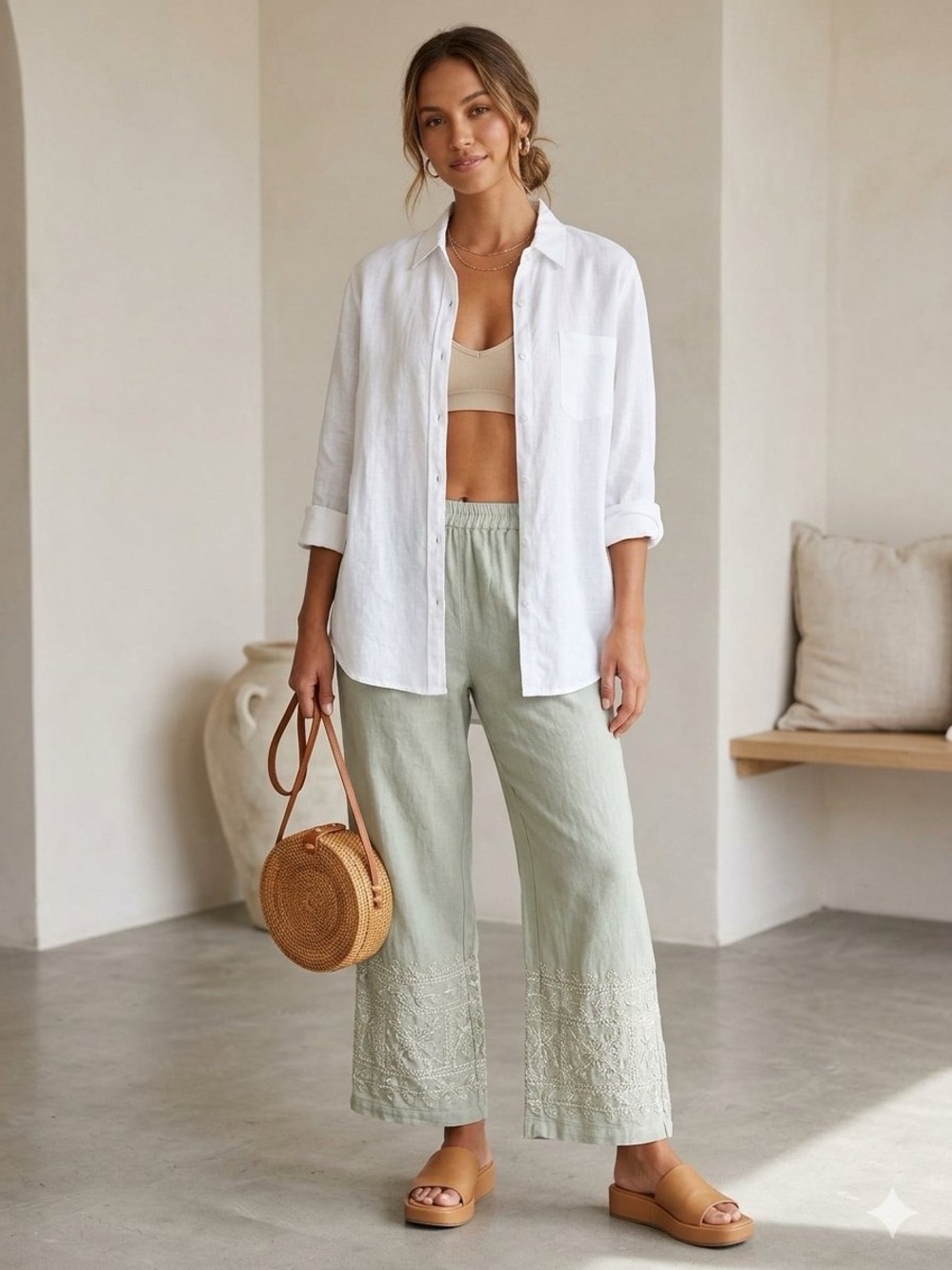 Sage Embroidered Wide-Leg Pants with Elastic Waist